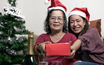 两个<strong>老妈妈</strong>。和女儿穿圣诞老人他拥抱和持有礼物首页与模糊前景树和瓶圣诞节新一年庆祝活动概念