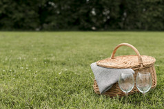野餐篮子公园草决议和高质量美丽的照片野餐篮子公园草高质量和决议美丽的照片概念
