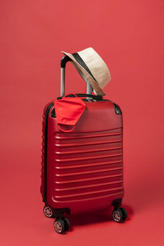 红色的行李与他面具决议和高质量美丽的照片红色的行李与他面具高质量和决议美丽的照片概念