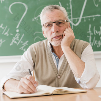 集中岁的数学老师思考桌子上