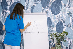 女人蓝色的衬衫画图与标记白板纸上的内容对壁纸
