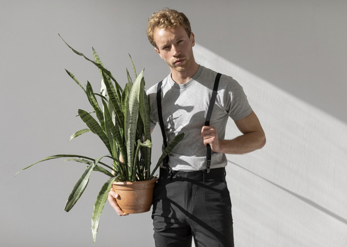 男性模型持有植物前面视图图片