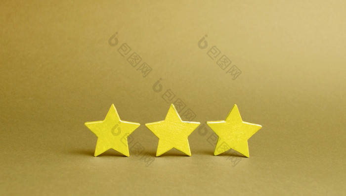 三个金星星黄色的背景质量服务买家选择成功业务的概念评级和评价的评级的酒店餐厅移动应用程序