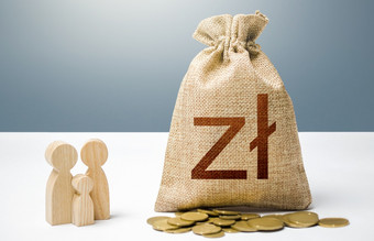 波兰的兹罗提钱袋与钱和家庭雕像投资人类资本文化社会项目金融支持为社会机构提供援助公民