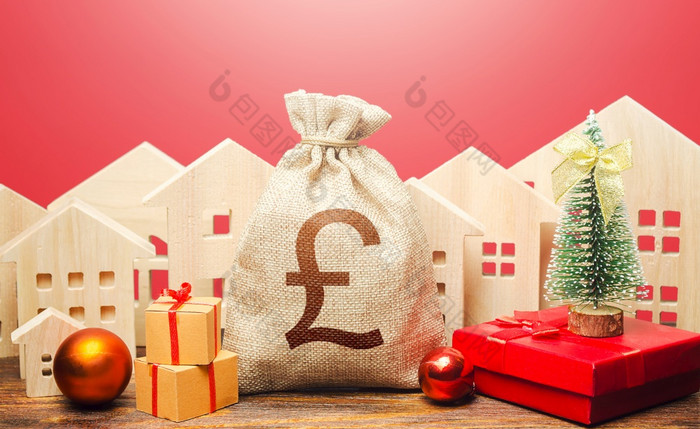 英国英镑英镑钱袋和房子新一年rsquo设置新一年圣诞节冬天假期增加投资吸引力促销活动提供了抵押贷款贷款银行存款