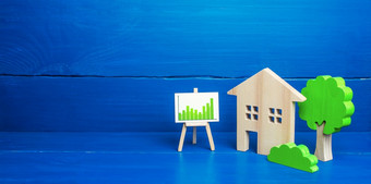 住宅建筑和画架与绿色积极的向上趋势图表复苏的真正的房地产市场日益增长的价格和需求为住房增长和发展投资能源效率