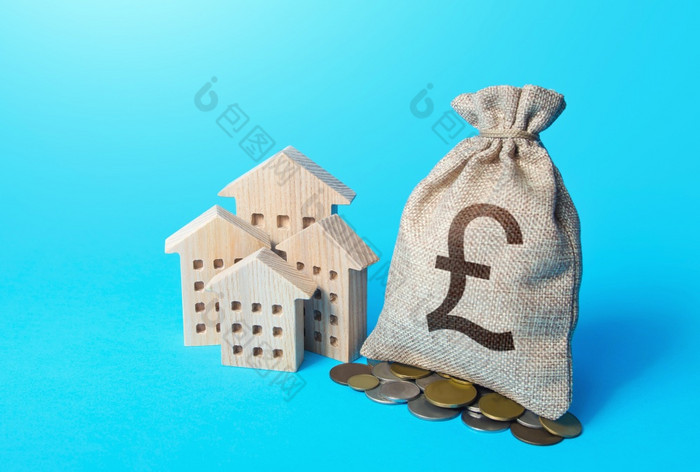 房子和英国英镑英镑钱袋增加财产价值公平市场价格住宅商业财产收入市政预算真正的房地产投资和租赁业务