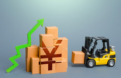 叉车和堆栈盒子与日元元象征和绿色箭头销售增长概念增加进口和出口流行后经济复苏贸易交通生产运费货物