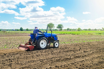 农民拖拉机米尔斯的土壤与铣机设备磨放松土壤删除植物和根从最后的收获日益增长的蔬菜地面摇摇欲坠和混合