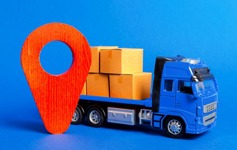 蓝色的卡车加载与盒子和红色的指针位置服务运输货物产品物流和基础设施运输<strong>公司</strong>位置航空<strong>公司</strong>包跟踪