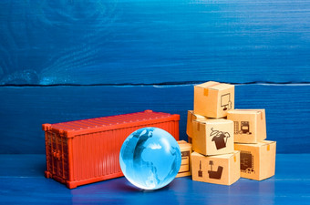 红色的货物容器与盒子和蓝色的全球地球地球全球国际贸易货物世界经济经济关系生产链和产品分布运费航运交付