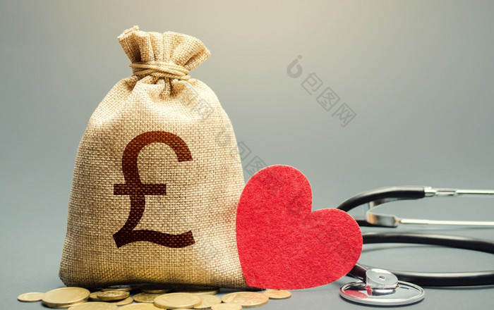 英国英镑英镑钱袋和听诊器健康生活保险融资概念改革和准备为新挑战发展现代化补贴资金医疗保健系统