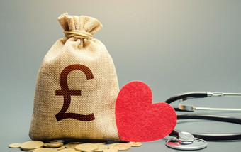 英国英镑英镑钱袋和听诊器健康生活保险融资概念改革和准备为新挑战发展现代化补贴资金医疗保健系统