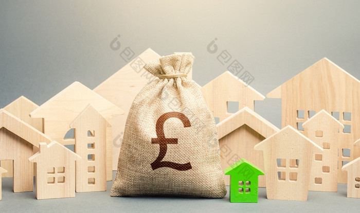 英国英镑英镑钱袋和城市房子数据城市市政预算购买真正的房地产公平价格发展改造建筑投资成本生活财产税