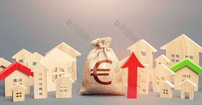 欧元钱袋和城市房子数据和红色的箭头复苏和增长财产价格高需求增加收入市政预算增加租金投资