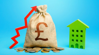 英国英镑英镑钱袋与红色的<strong>箭头</strong>和住宅建筑复苏和增长财产成本<strong>返回</strong>投资增加价格为公寓和住房市政预算