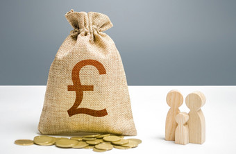 英国磅英镑钱袋与钱和家庭雕像投资人类资本文化社会项目提供援助公民金融支持为社会机构