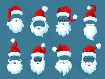 圣诞老人帽子与白色胡子红色的他圣诞节男人。服装胡子和胡子新一年帽圣诞节脸照片贴纸过分装饰的向量集插图圣诞老人老人附件集合圣诞老人帽子与白色胡子红色的他圣诞节男人。服装胡子和胡子新一年帽圣诞节脸照片贴纸图片