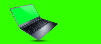 移动PC空白屏幕模板电脑开放视图空绿色屏幕明亮的绿色颜色<strong>背景</strong>横幅复制空间插图