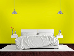 极简主义主卧室与双床上对黄色的墙呈现