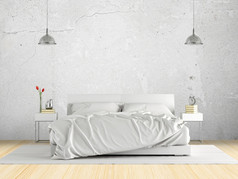 极简主义主卧室与双床上对白色混凝土墙呈现