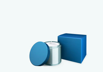 空白蓝色的天空化妆品Jar模拟白色背景与<strong>涂片</strong>奶油前面视图角插图