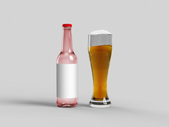 红色的啤酒瓶和玻璃与金层孤立的复制空间模拟啤酒节
