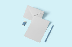 白色空文具模拟添加你的设计简单的回来学校概念孤立的软蓝色的