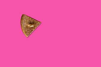 奶酪一块有创意的概念上的前视图平躺作文与复制空间孤立的粉红色的背景最小的风格
