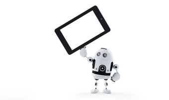 安卓机器人持有空白屏幕平板电脑广告概念