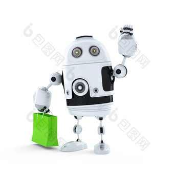 安卓机器人与购物袋孤立的白色背景