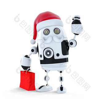 安卓机器人与圣诞老人帽子而且购物袋孤立的白色