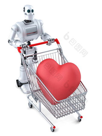 机器人与购物车而且巨大的红色的心孤立的在白色包含剪裁路径