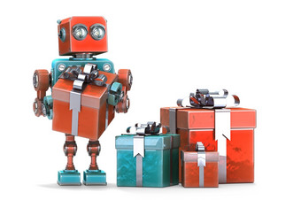 机器人与礼物盒子孤立的包含剪裁路径机器人与礼物盒子孤立的在白色包含剪裁路径