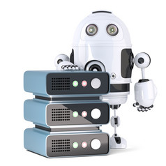 机器人与服务器架孤立的包含剪裁路径机器人与服务器架技术概念孤立的在白色包含剪裁路径