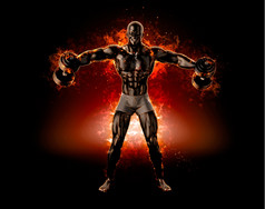 肌肉发达的健美运动员与哑铃火爆炸概念插图肌肉发达的健美运动员与哑铃火爆炸概念插图