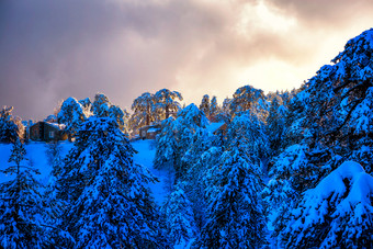 冬天景观与山房子的雪troodos塞浦路斯冬天景观与山房子的雪troodos塞浦路斯