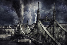 世界末日布达佩斯城市景观与龙卷风重雨和照明数字插图