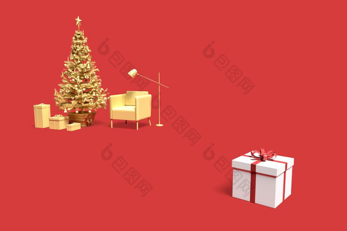 简约室内场景与圣诞节树和礼物盒子呈现