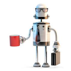 机器人商人西装和眼镜持有杯咖啡插图孤立的