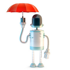 机器人与伞插图孤立的白色