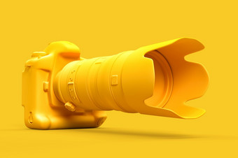 数码单反相机相机与长<strong>焦变焦镜头</strong>黄色的背景插图