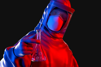 科学家面具眼镜和保护西装持有瓶与病毒分子插图科学家面具眼镜和保护西装持有瓶与病毒分子插图