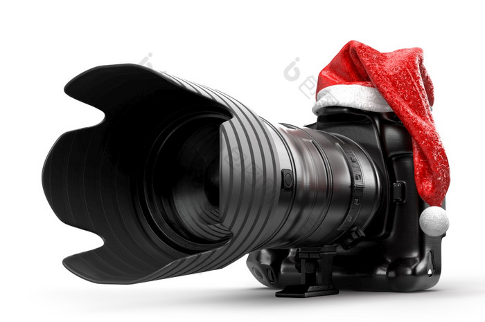 专业数码单反相机相机与变焦镜头下红色的圣诞节他呈现