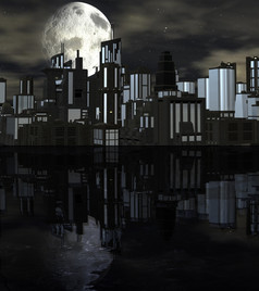 晚上未来主义的城市场景与大月亮