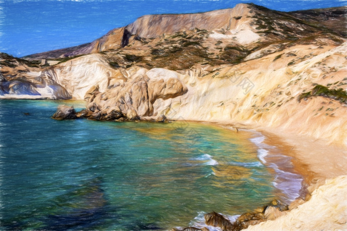 白色海滩和海岸线与岩石的希腊岛米洛斯岛绘画效果白色海滩和海岸线的希腊岛米洛斯岛