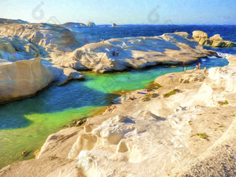 米洛斯岛岛希腊8月萨拉基尼科海滩视图与岩石的岛米洛斯岛希腊绘画效果