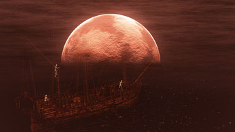 骨架鬼船晚上时间骨架鬼帆船与背景红色的月亮