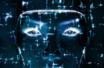 呈现女机器人脸呈现女机器人脸蓝色的科技背景