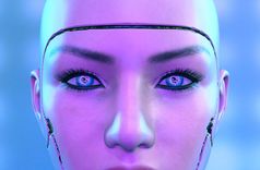 呈现女机器人脸呈现女机器人脸蓝色的背景